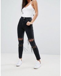 Asos Farleigh High Waisted Slim Mom Jeans In Washed Black With Tie Knees