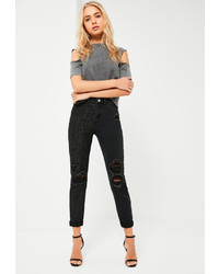 Missguided Black High Rise Mesh Panel Mom Jeans