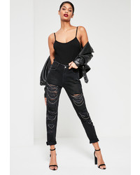 Missguided Black High Waisted Chain Rip Mom Jeans