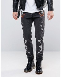 Asos Slim Jeans With Emboirdery Patches In Washed Black