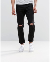 Asos Stretch Slim Jeans With Knee Rips In Black