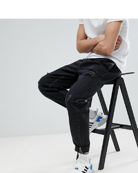 ASOS DESIGN Tall Double Pleat Jeans In Washed Black With Rips
