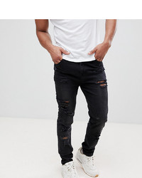 ASOS DESIGN Tall Tapered Jeans In 125oz In Washed Black With Heavy Rips