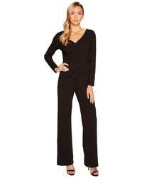 Adrianna Papell Long Sleeve Crepe Knit V Neck Jumpsuit Jumpsuit Rompers One Piece