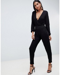 ASOS DESIGN Long Sleeve Jumpsuit With Wrap Front And Peg Leg