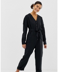 Monki Long Sleeve V Neck Jumpsuit With Button Details In Black