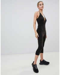 Fashionkilla Plunge Front Cropped Jumpsuit In Black Glitter Glitter