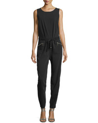 Neiman Marcus Sleeveless Pleated Zip Pocket Jumpsuit Black