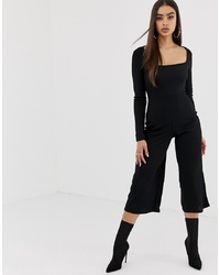 Missguided Square Neck Long Sleeve Ribbed Culotte Jumpsuit In Black