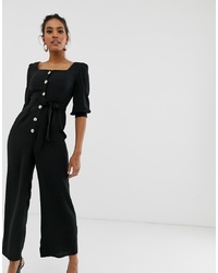 ASOS DESIGN Square Neck Puff Sleeve Jumpsuit With Button Detail