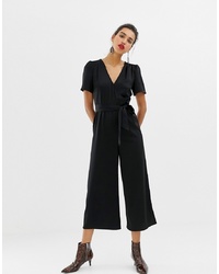 Warehouse Wide Leg Jumpsuit With Tie Front In Black