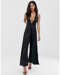 The Girlcode Wide Leg Plunge Front Jumpsuit With Sheer S In Black