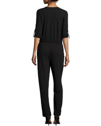 Neiman Marcus Zip Front Tab Sleeve Jumpsuit Black