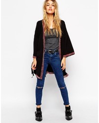 Asos Collection Longline Kimono Cardigan With Embroidered Tipping