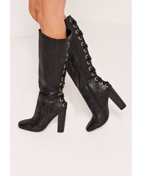 Missguided Croc Lace Up Knee High Boots Black