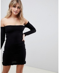 ASOS DESIGN Bardot Frill Ribbed Knit Mini Dress