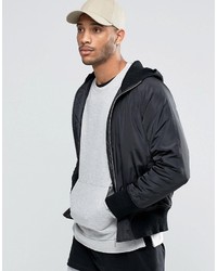 Asos Bomber Jacket With Knitted Hood In Black