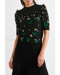 Valentino Ruffled Embroidered Cable Knit Wool Sweater Black