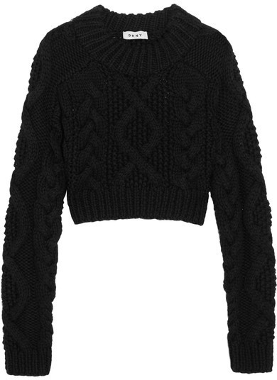 Hand knitted merino blend T-neck cabled wool sweater in black/TM21