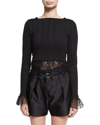 3.1 Phillip Lim Long Sleeve Rib Knit Cropped Top W Lace Black