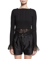 3.1 Phillip Lim Long Sleeve Rib Knit Cropped Top W Lace Black