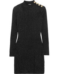 Balmain Button Detailed Metallic Knitted Mini Dress Black