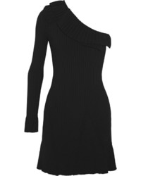 Emilio Pucci One Shoulder Ruffled Ribbed Knit Mini Dress Black