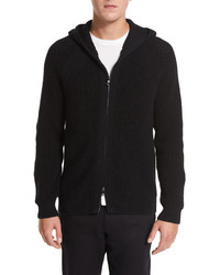 Vince Textured Waffle Knit Zip Front Hoodie Black