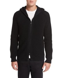 Vince Textured Waffle Knit Zip Front Hoodie Black