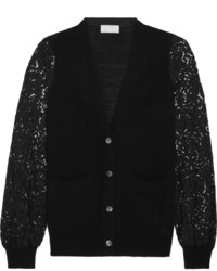 Clu Guipure Lace Paneled Knitted Cardigan Black