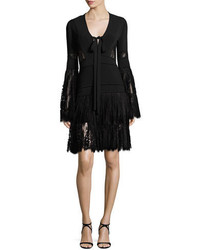 Elie Saab Lace Knit Bell Sleeve Cocktail Dress Black