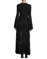 Elie Saab Lace Knit Bell Sleeve Evening Dress Black