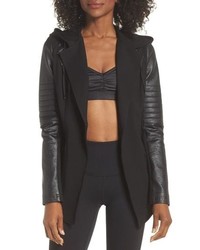 Blanc Noir Hooded Moto Blazer With Faux Leather Sleeves
