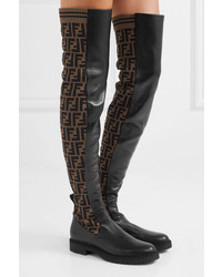 Fendi Logo Jacquard Stretch Knit And Leather Over The Knee Boots
