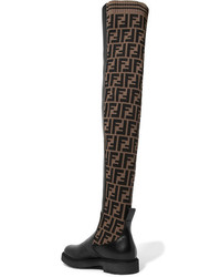 Fendi Logo Jacquard Stretch Knit And Leather Over The Knee Boots