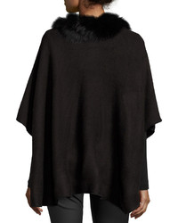 Adrienne Landau Fox Fur Trim Knit Poncho Black