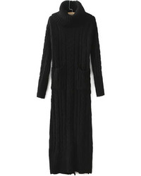 Turtleneck Long Sleeve Cable Knit Black Sweater Dress