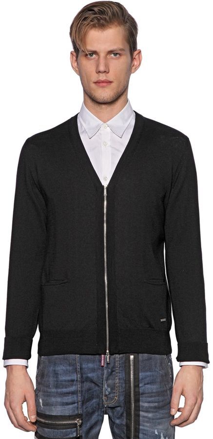 DSQUARED2 Zip Up Wool Knit Cardigan, $865 | LUISAVIAROMA | Lookastic