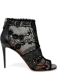Valentino Laser Cut Leather Lace And Tulle Ankle Boots Black