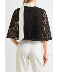 Valentino Cape Effect Crepe Trimmed Corded Lace Top Black