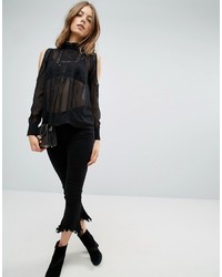 Asos Cold Shoulder Lace Trim And Pintuck Blouse