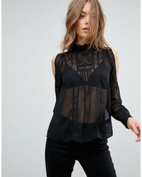 Asos Cold Shoulder Lace Trim And Pintuck Blouse