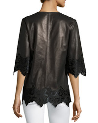 Neiman Marcus Half Sleeve Leather Top W Calf Hair Lace Black