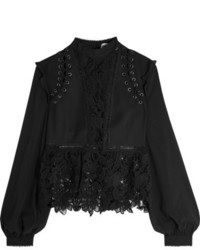 Self-Portrait Lace Up Georgette And Guipure Lace Blouse Black