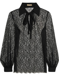 Michael Kors Michl Kors Collection Pussy Bow Crepe Trimmed Chantilly Lace Blouse Black