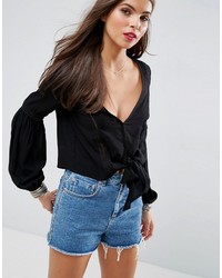 Asos Plunge Blouse With Tie Front And Lace Inserts