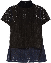 Sacai Velvet Trimmed Pintucked Guipure Lace Top Black