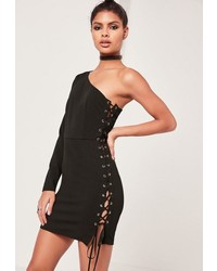 Missguided Black One Sleeve Lace Up Detail Bodycon Dress