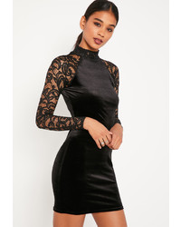 Missguided Black Velvet And Lace Sleeve Bodycon Dress