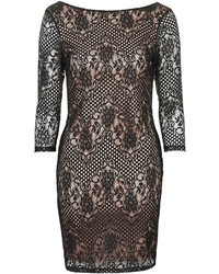 Topshop Form Fitting Bodycon Dress In Semi Sheer Lace With Nude Lining Underneath Cut With A Boat Neck Deep V Back And Zip Fastening Style It With Strappy Sandals